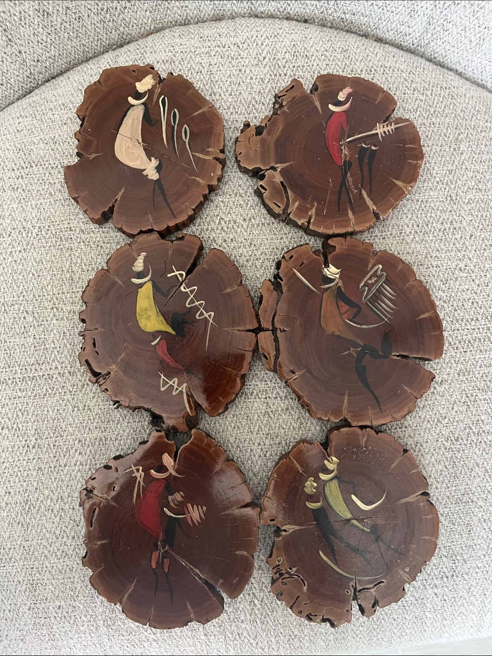 6 Vintage wood bar coasters hand painted carved aboriginal design glazed finish